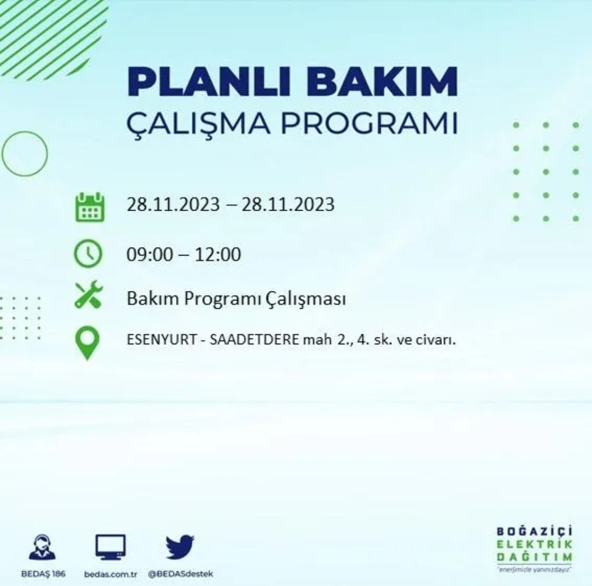 BEDAŞ 28 Kasım 2023 elektrik kesintisi olacak ilçeler