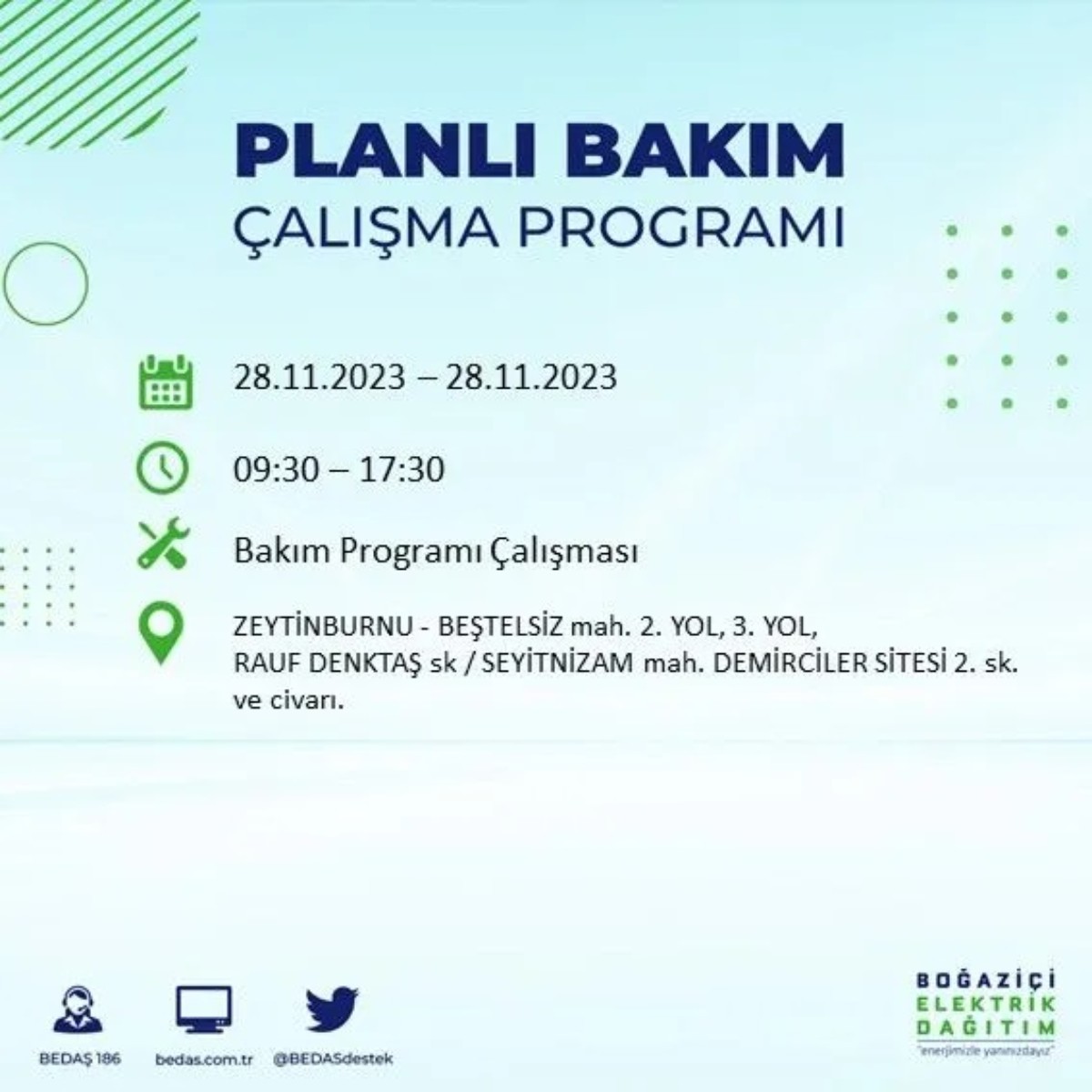 BEDAŞ 28 Kasım 2023 elektrik kesintisi olacak ilçeler