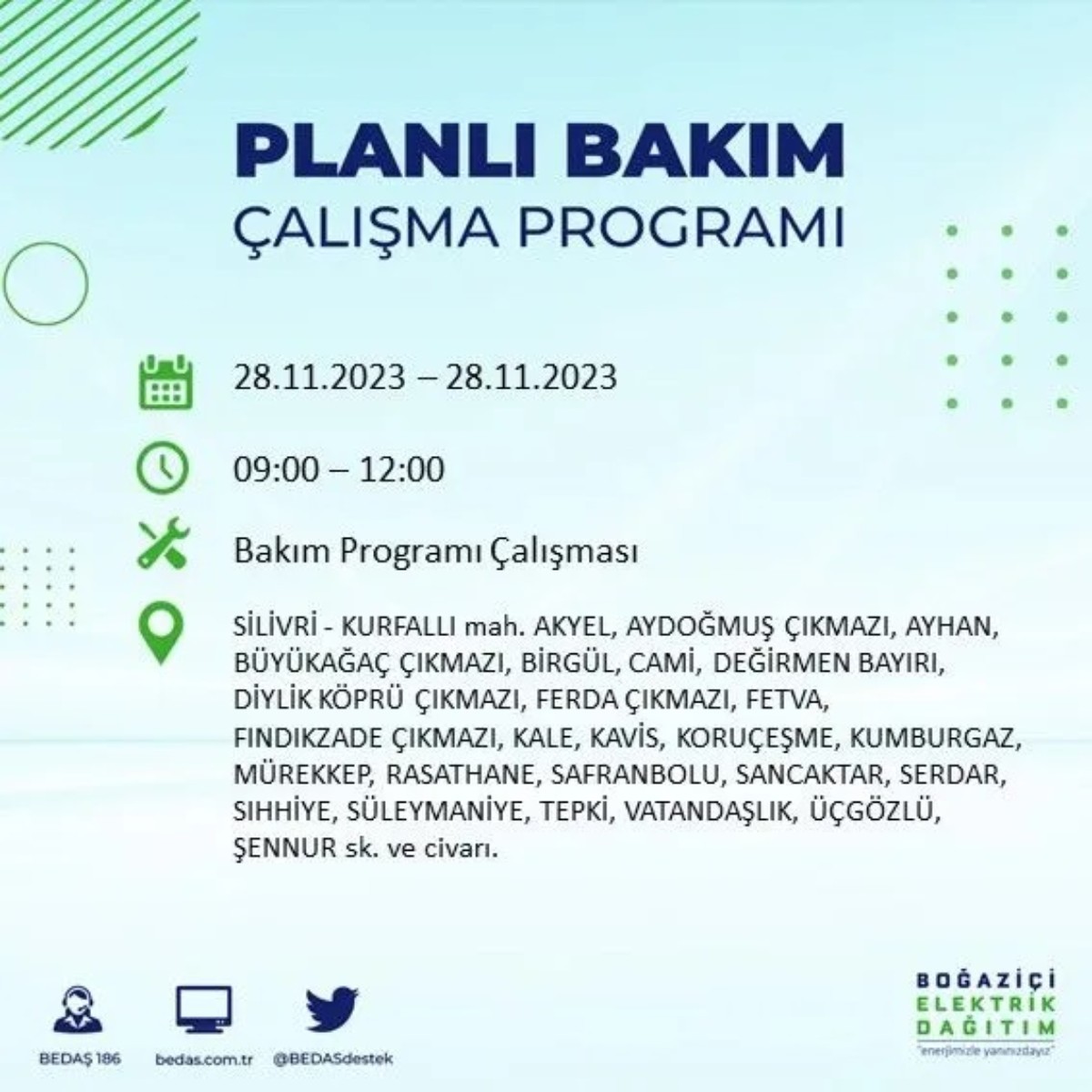 BEDAŞ 28 Kasım 2023 elektrik kesintisi olacak ilçeler
