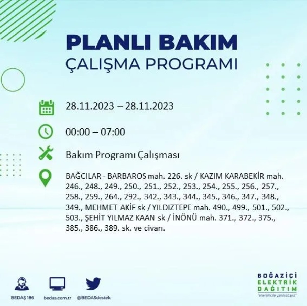 BEDAŞ 28 Kasım 2023 elektrik kesintisi olacak ilçeler