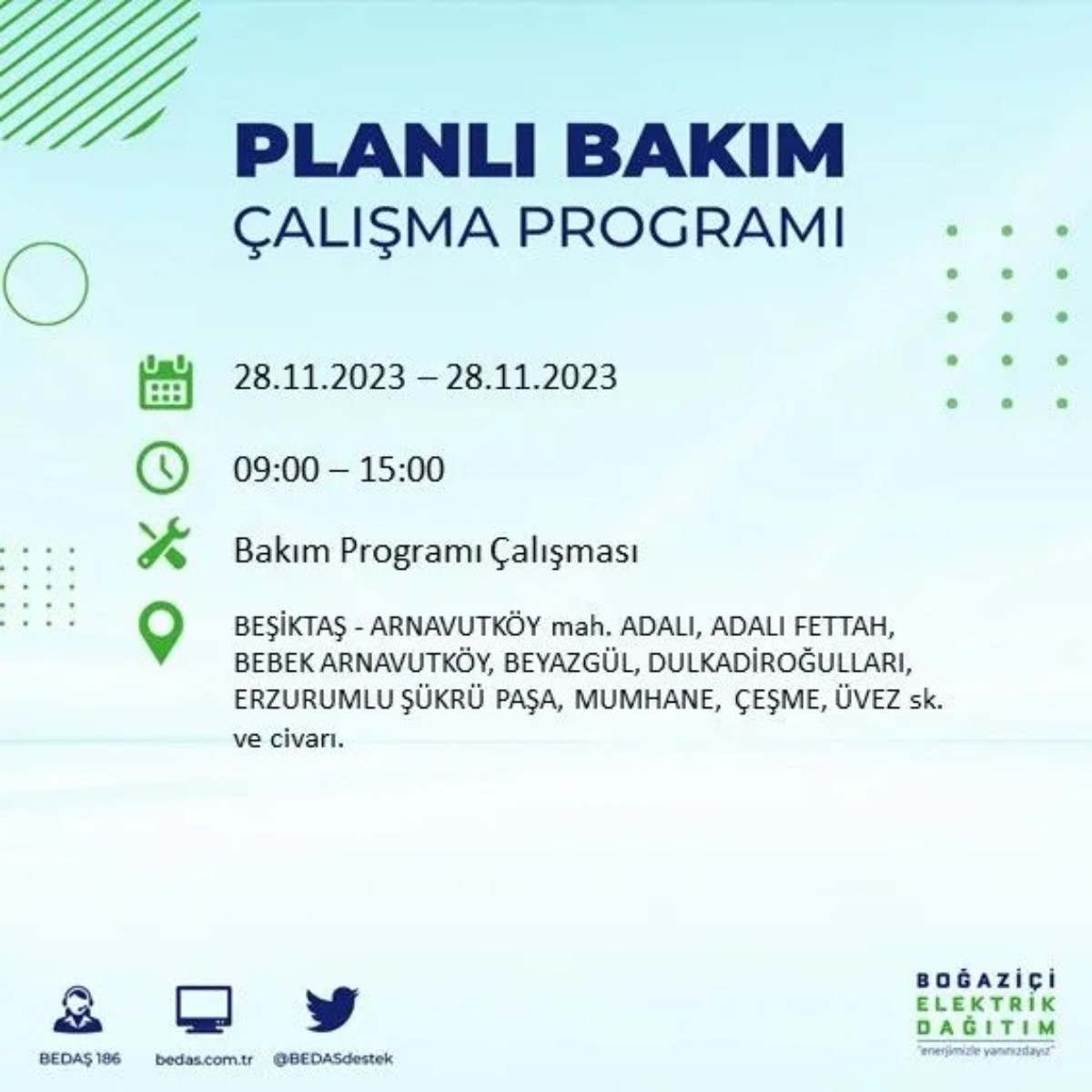 BEDAŞ 28 Kasım 2023 elektrik kesintisi olacak ilçeler