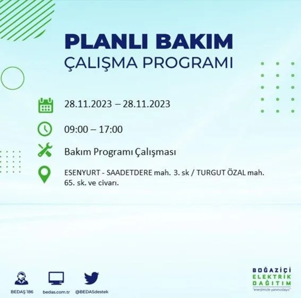 BEDAŞ 28 Kasım 2023 elektrik kesintisi olacak ilçeler