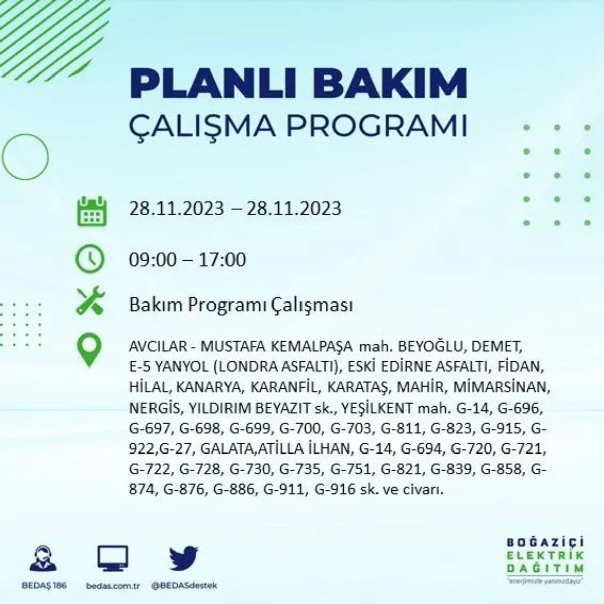 BEDAŞ 28 Kasım 2023 elektrik kesintisi olacak ilçeler