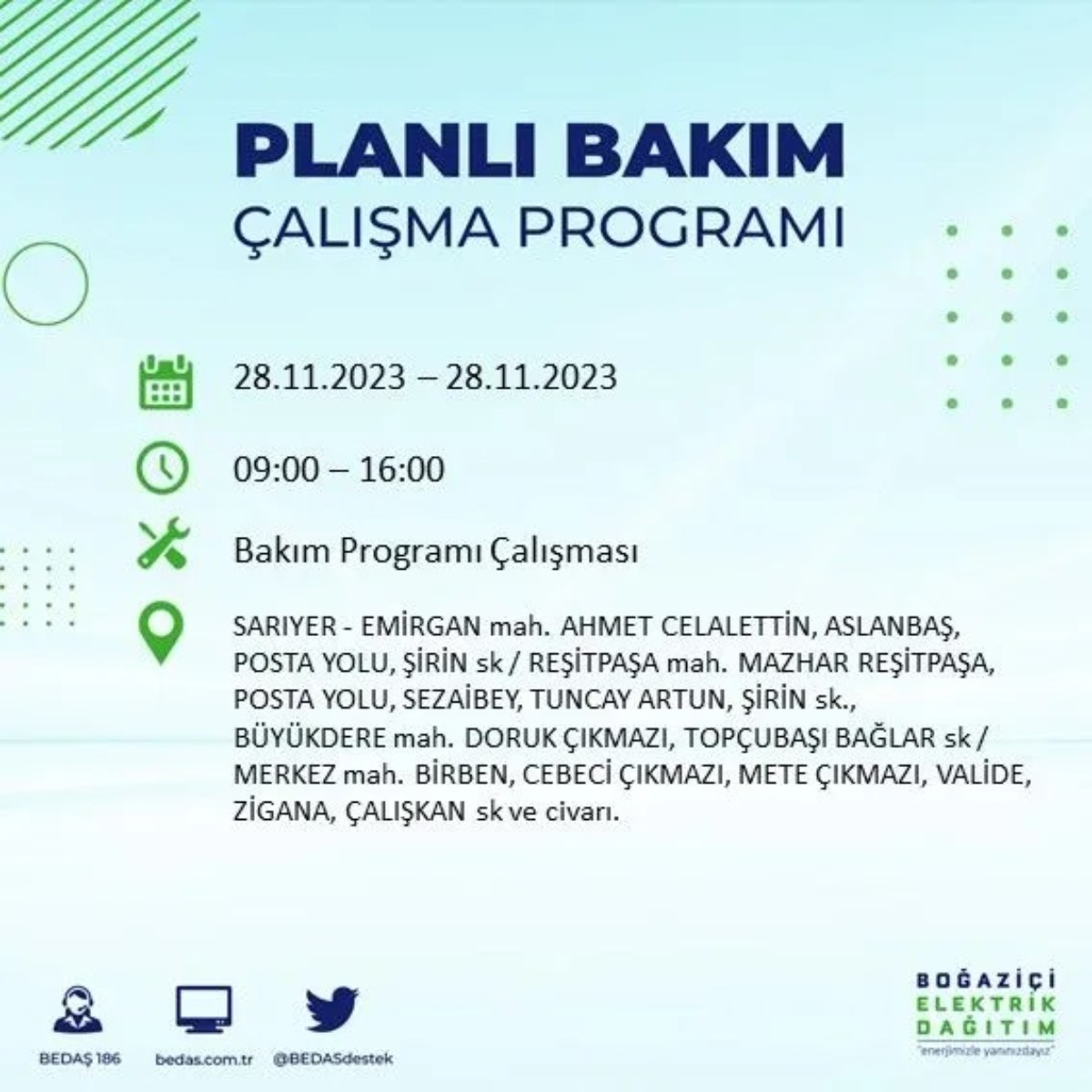 BEDAŞ 28 Kasım 2023 elektrik kesintisi olacak ilçeler