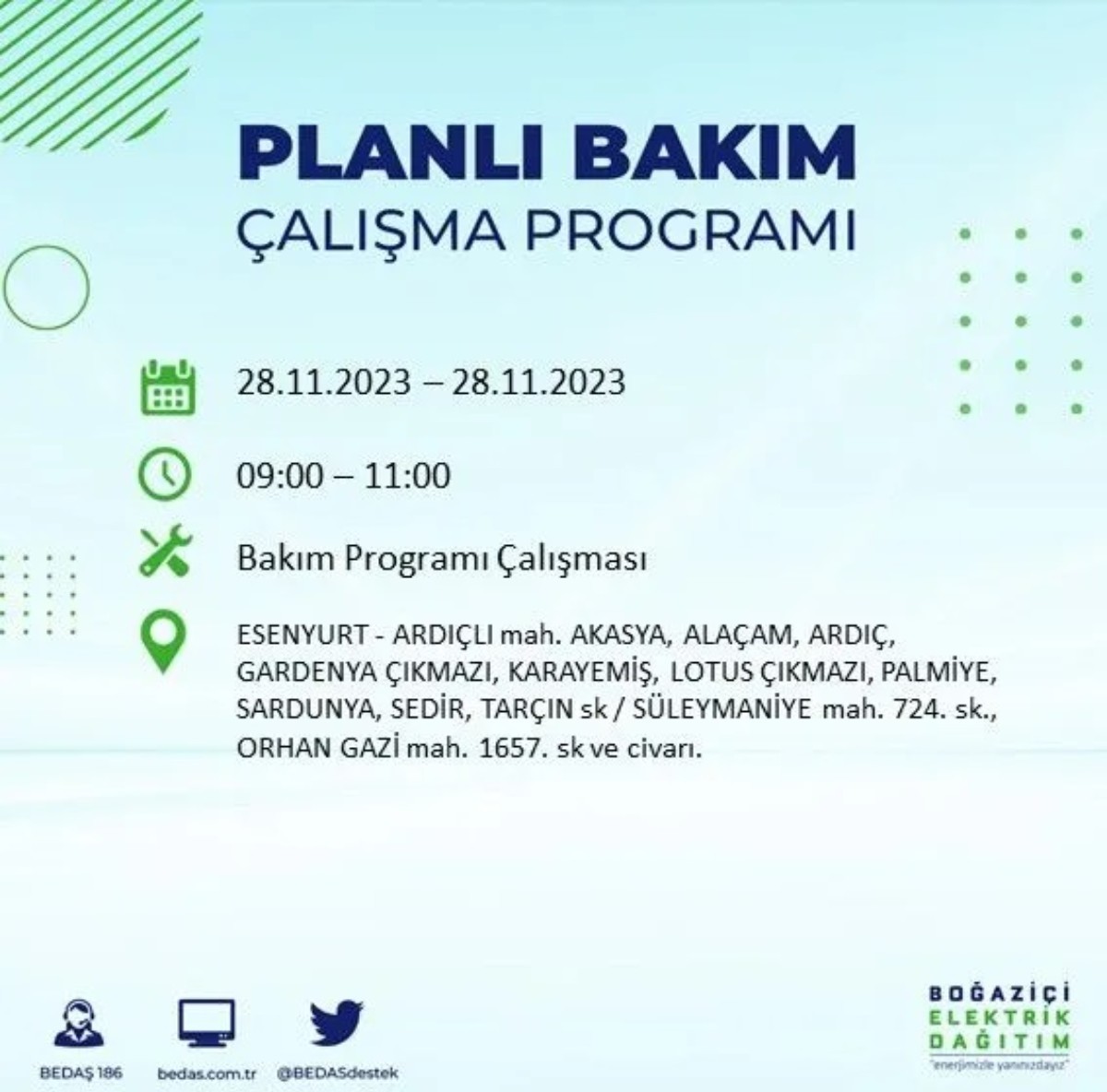 BEDAŞ 28 Kasım 2023 elektrik kesintisi olacak ilçeler