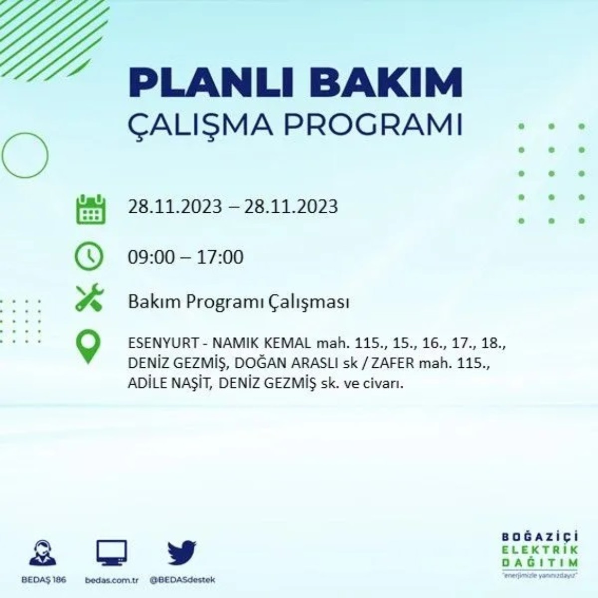 BEDAŞ 28 Kasım 2023 elektrik kesintisi olacak ilçeler