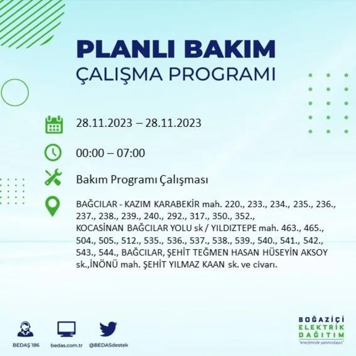 BEDAŞ 28 Kasım 2023 elektrik kesintisi olacak ilçeler