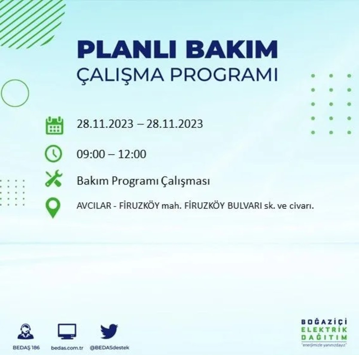 BEDAŞ 28 Kasım 2023 elektrik kesintisi olacak ilçeler