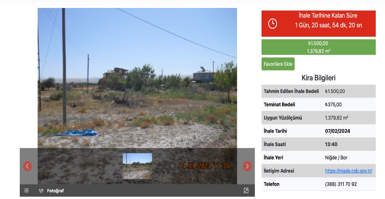 1500 TL’YE 1379,82 METRE²’LİK ARAZİ KİRALANACAK