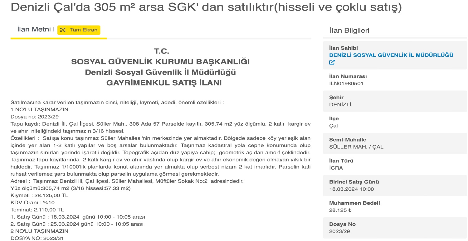 28.000 TL’ye 305 metre² arsa SGK’dan satılık! Hisseli ve çoklu satış imkanı sizi bekliyor