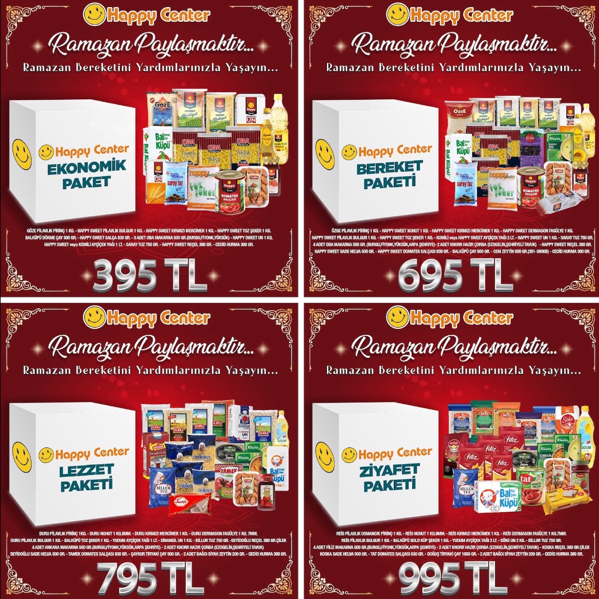 395 TL’den başlayan fiyatlarla Ramazan kolileri satışa çıkartıldı! Happy Center Ramazan kolileri