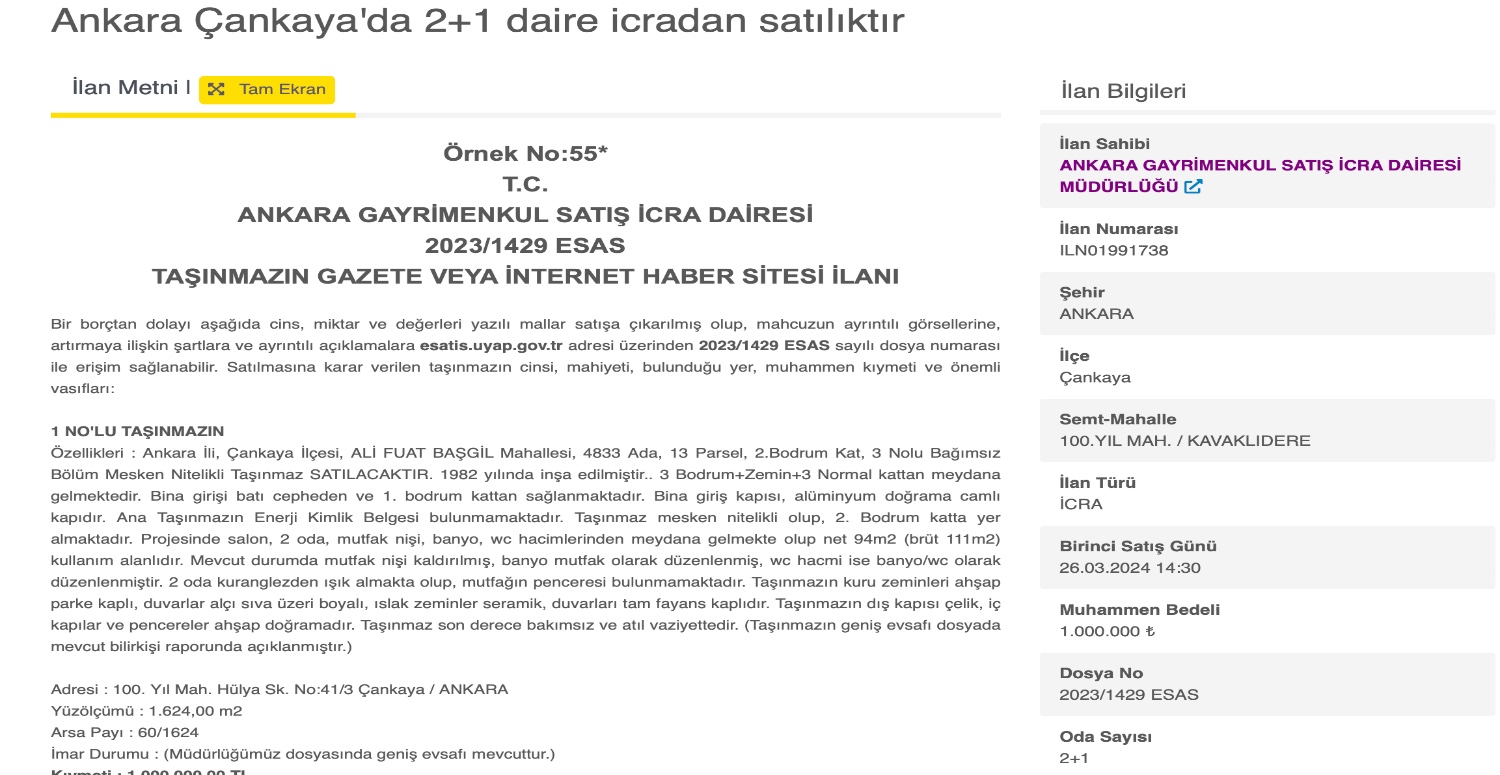 Ankara Çankaya’nın göbeğinde 2 + 1 daire satışa çıkartıldı! Bu fiyata Ankara’da daire alamazsınız