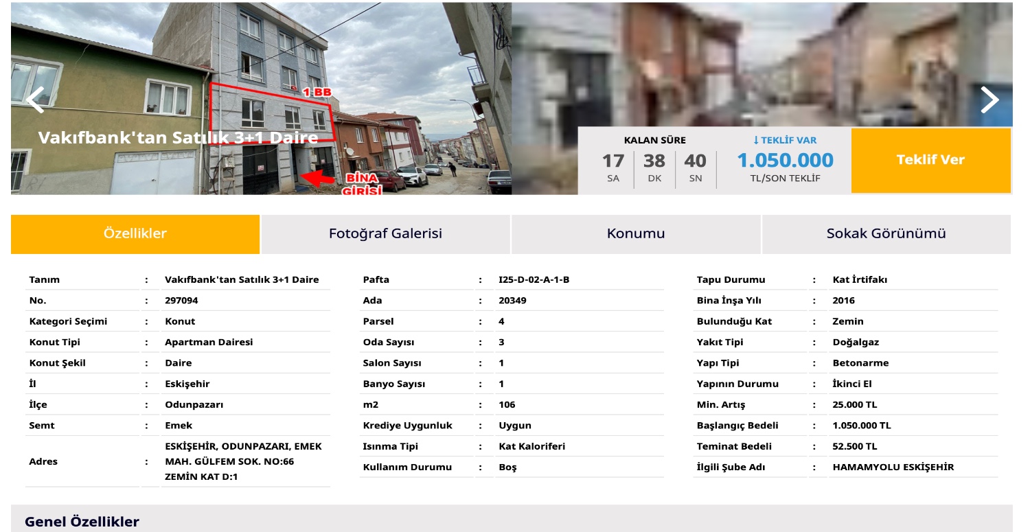 Eskişehir Odunpazarı’nda 52.500 TL’yi veren ev sahibi olacak! Vakıfbank ilgilisine duyurdu