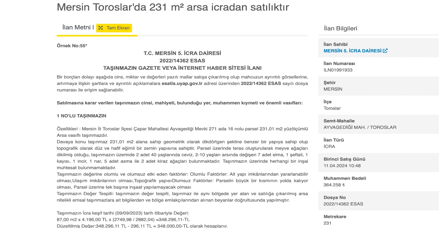 Toros'lardan 231 metrekare arsa icradan satışa çıkartıldı! Yatırım kapınıza kadar geldi