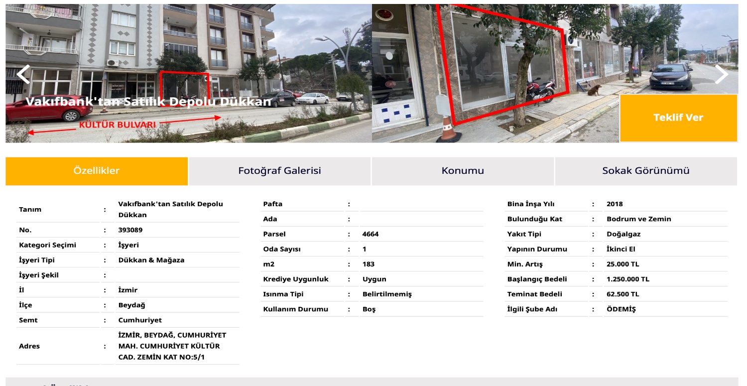 Vakıfbank’tan İzmir’in göbeğinde depolu dükkan satışta! 62.500 TL teminat bedeli isteniyor
