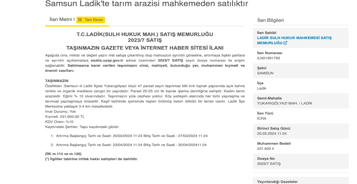 Yatırımlık tarım arazisi mahkemeden satışta! 231.000 TL’ye arazi satın alacaksınız