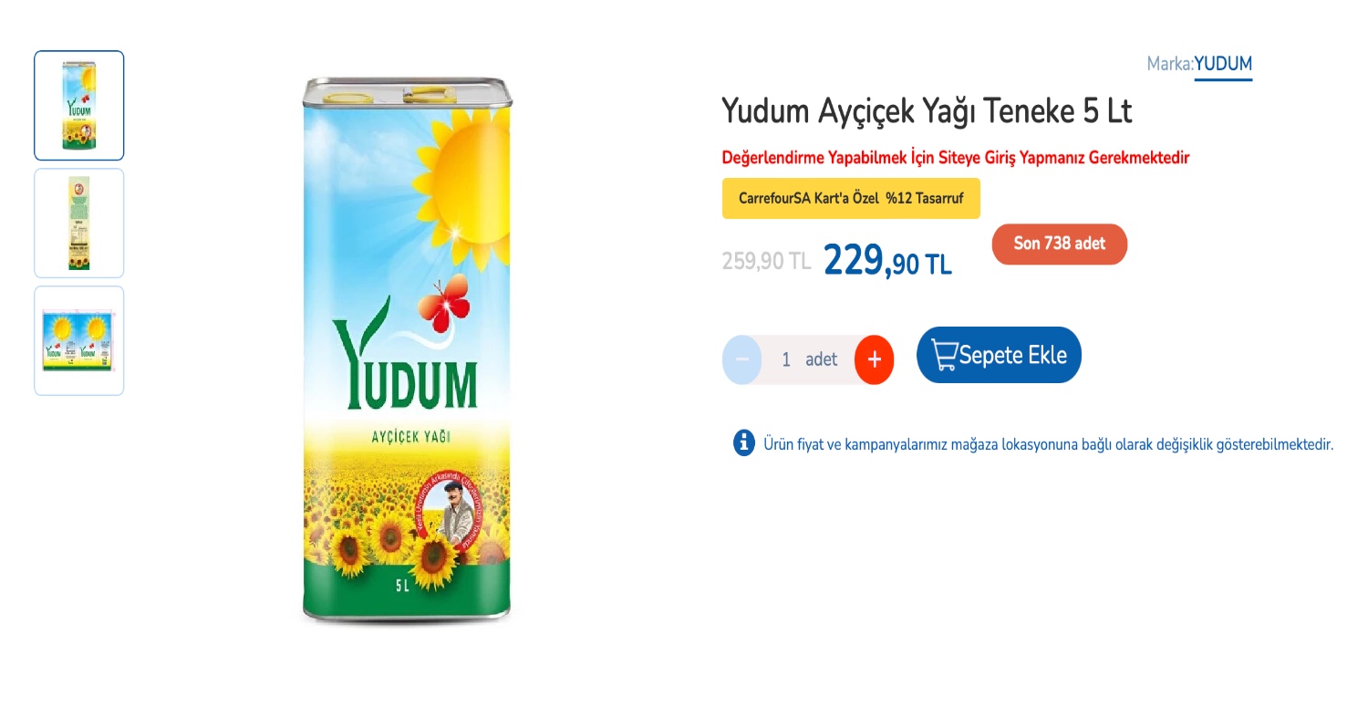 YUDUM AYÇİÇEK YAĞI TENEKE 5 LT 229 TL’YE DÜŞÜYOR