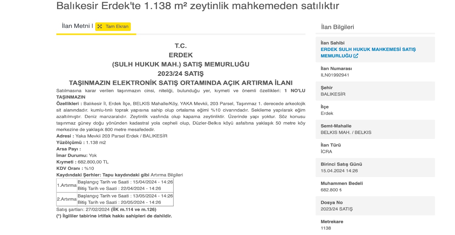 Zeytinlik alıp yatırım yapacağım diyenlerin keyfi yerine gelecek! Balıkesir’de zeytinlik satışa çıkartıldı