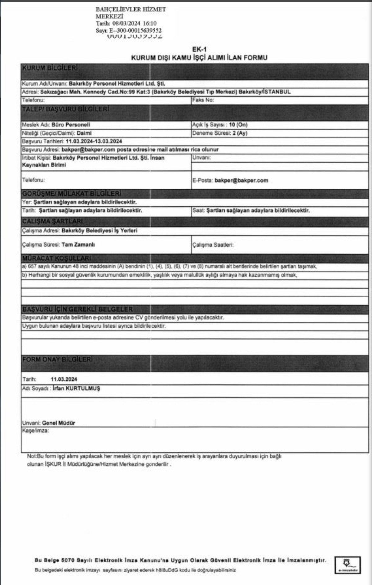 Bakırköy Belediyesi personel alımı