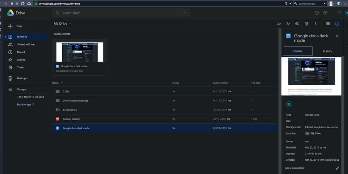 google drive karanlık mod