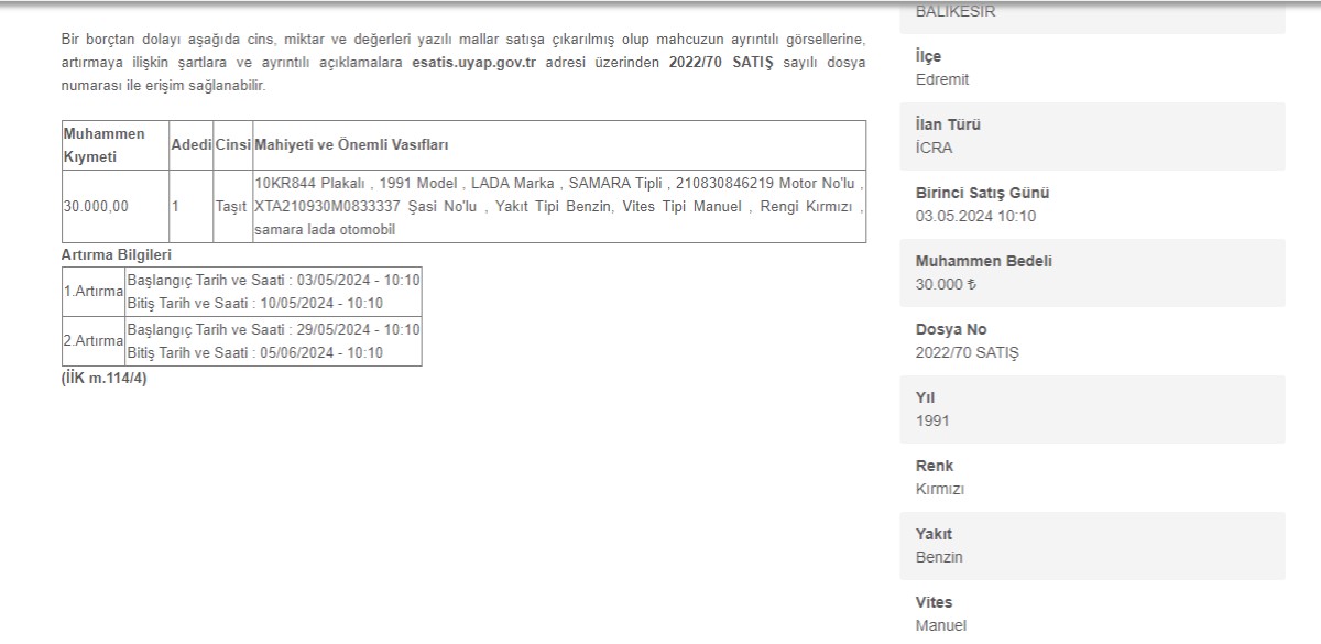 lada otomobil mahkemeden satışta