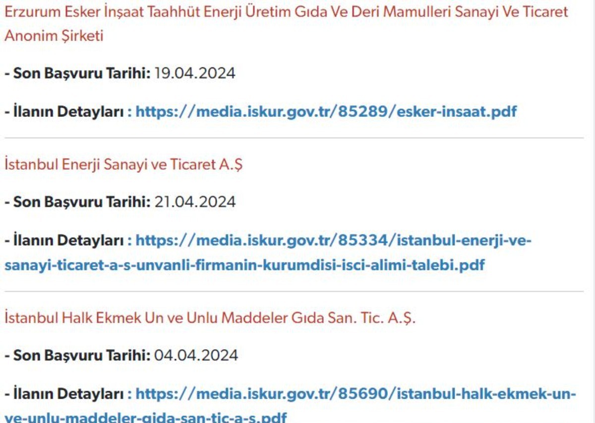 Denizli Büyükşehir Belediyesi Ulaşım San. Tic. A.Ş. - Son Başvuru Tarihi: 25.10.2024 - İlanın Detayları : https://media.iskur.gov.tr/76766/denizli-buyuksehir-belediyesi-ulasim-san-tic-a-s-25-10-2024.pdf İstanbul Bilişim ve Akıllı Kent Teknolojileri A.Ş