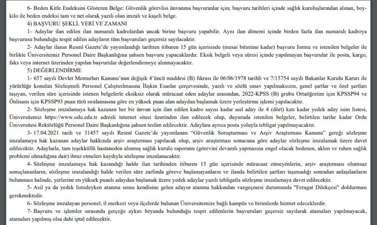 Ordu Üniversitesi Rektörlüğüne personel alımı