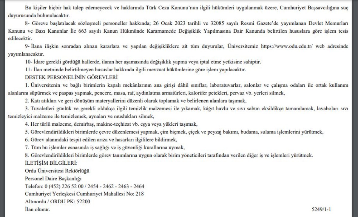 Ordu Üniversitesi Rektörlüğüne personel alımı