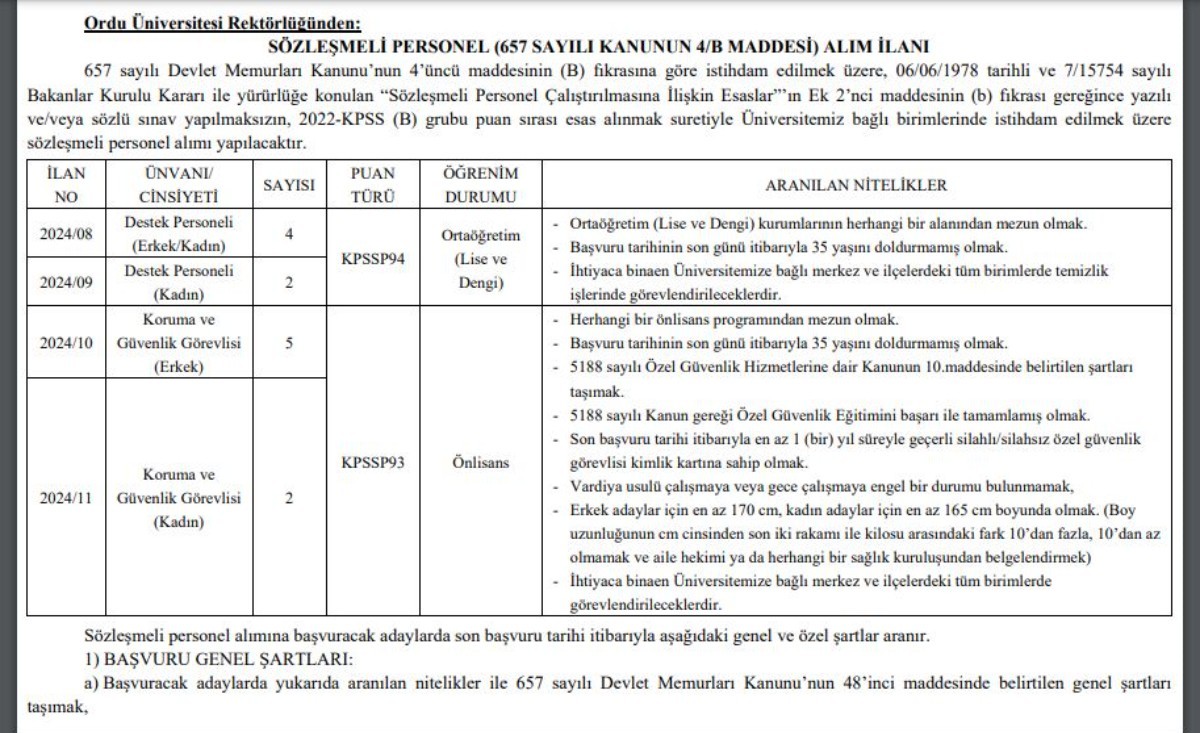 Ordu Üniversitesi Rektörlüğüne personel alımı