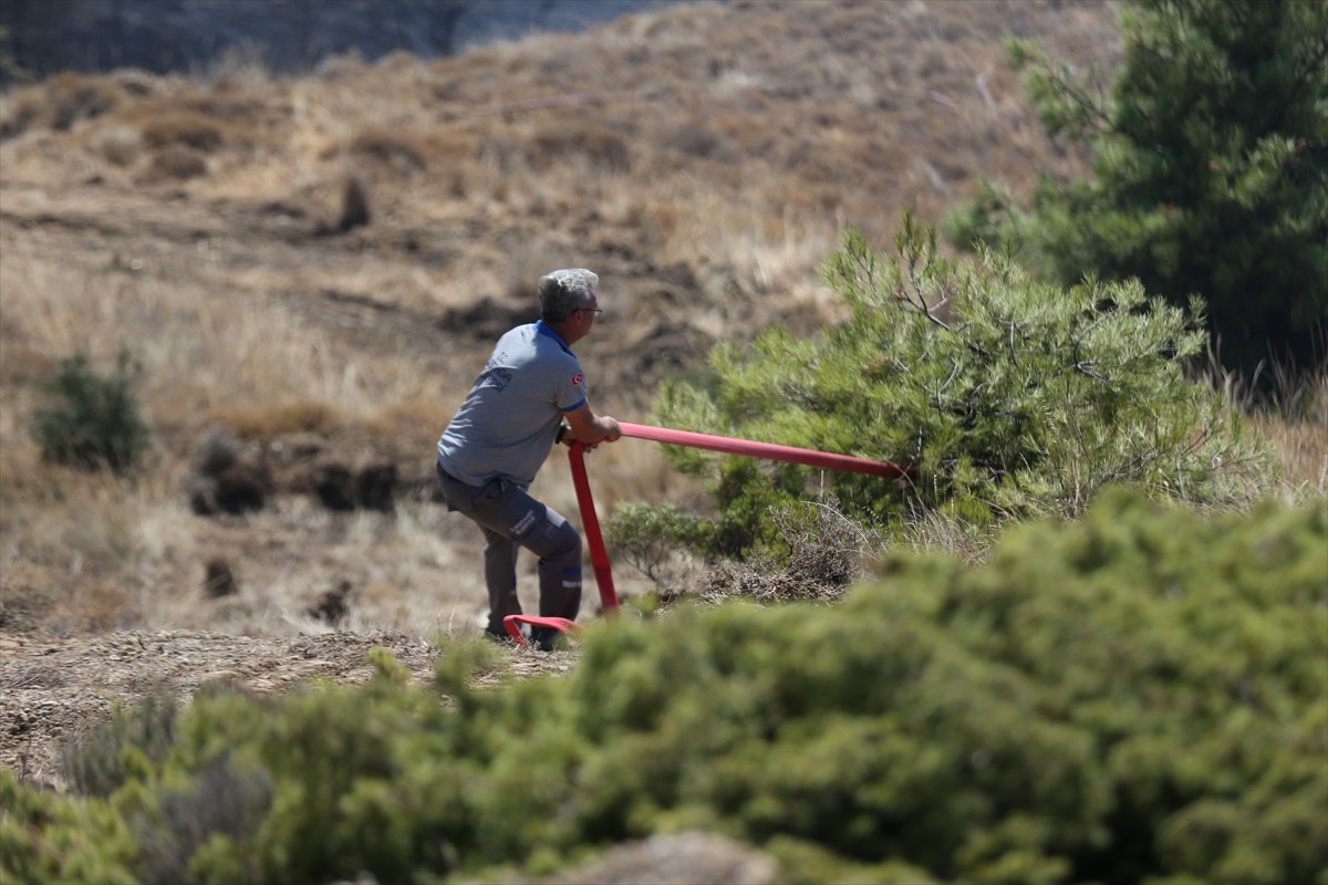 Çanakkale'nin Bozcaada ilçesinde tarım arazisinde çıkan yangın söndürülmeye...