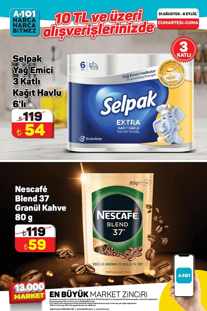 Gitmeyen pişman oluyor! A101'de 3 katlı Selpak 6'lı havlu 119 TL'den 54 TL'ye, Nescafe Blend 37 Granül Kahve 80 gr 119 TL'den 59 TL'ye düştü