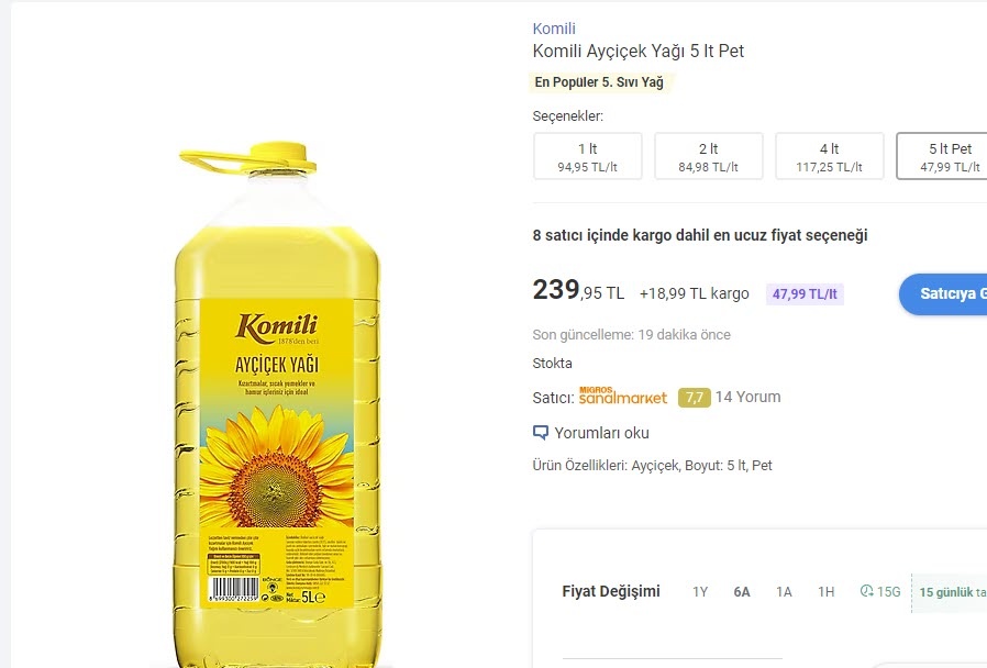 Ayçiçek Yağında Dev İndirim: Komili Ayçiçek Yağı 5 LT 375 TL’den 239 TL’ye Düştü!