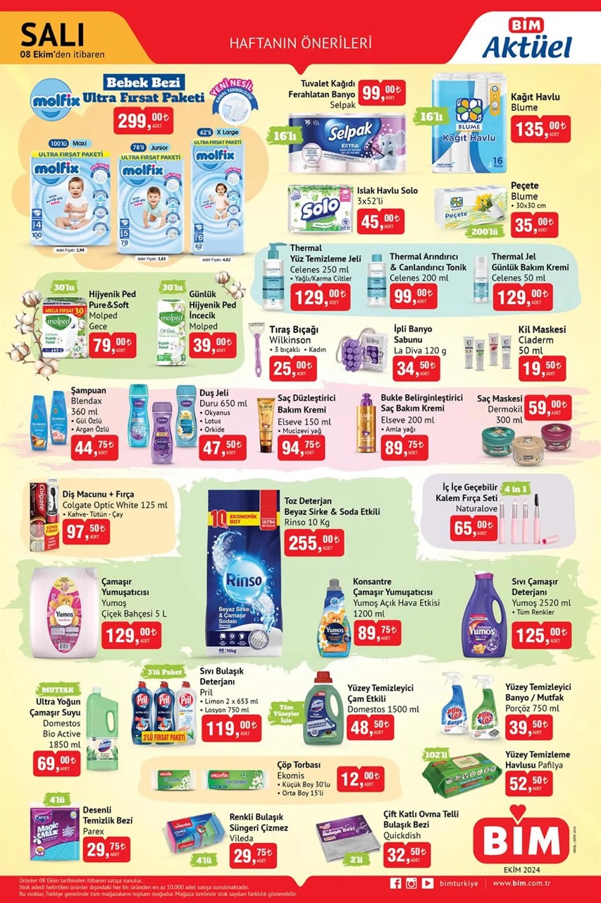 BİM 8-16 Ekim 2024 aktüel ürünler kataloğunda temizlik ve gıda ürünlerinde büyük indirim