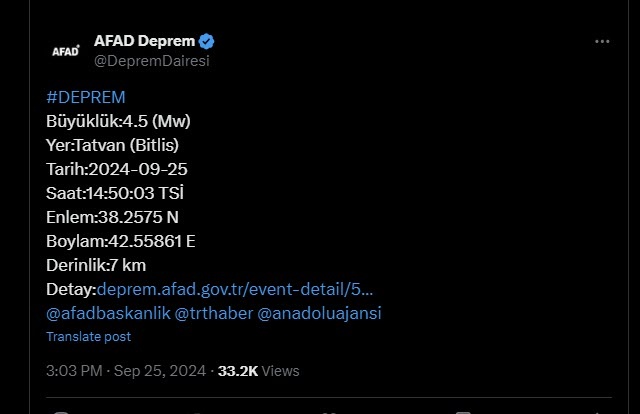 Bitlis Tatvan'da 4,5 Büyüklüğünde Deprem Meydana Geldi: İşte Detaylar