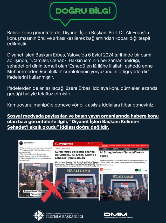 Diyanet İşleri Başkanı Ali Erbaş "Kelime-i Şehadet'i Kestirmeden Okudu'' İddialarına Diyanet ve İletişim Başkanlığı'ndan Açıklama