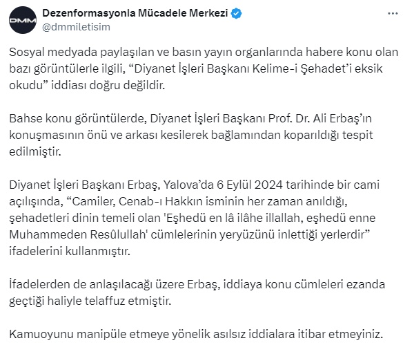 Diyanet İşleri Başkanı Ali Erbaş "Kelime-i Şehadet'i Kestirmeden Okudu'' İddialarına Diyanet ve İletişim Başkanlığı'ndan Açıklama