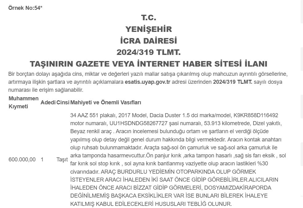 Bursa'da Uygun Fiyatlı 2017 Dacia Duster İcra Yoluyla Satışa Çıkıyor