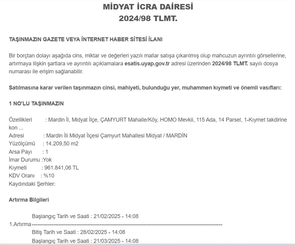 Mardin'de İcra Yoluyla Satışa Çıkan 7 Dönüm ve 14 Dönümlük Araziler