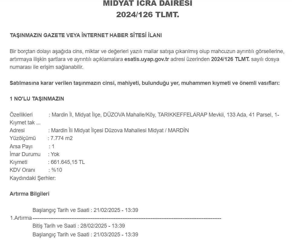 Mardin'de İcra Yoluyla Satışa Çıkan 7 Dönüm ve 14 Dönümlük Araziler