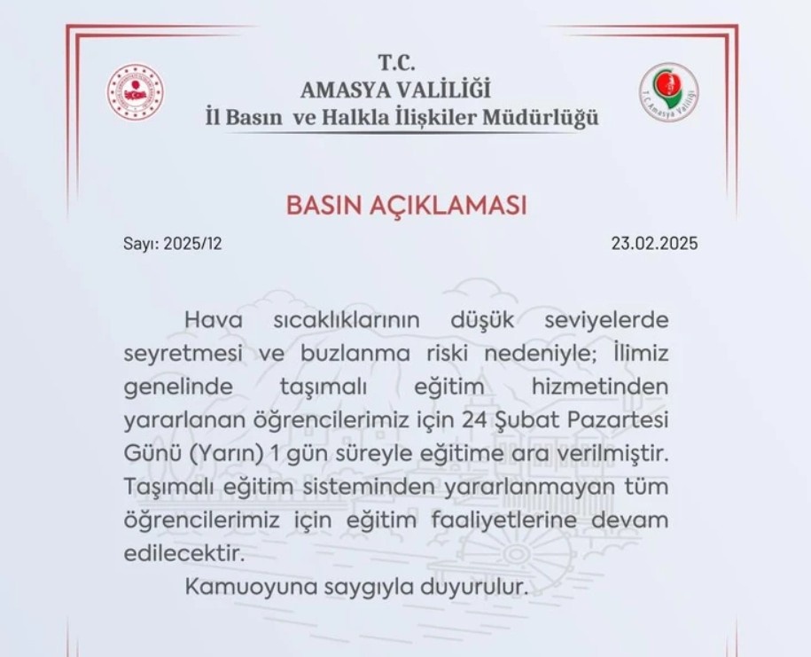 Amasya'da Küçük Öğrencilere Kar Tatili: Okullara 1 Gün Ara Verildi