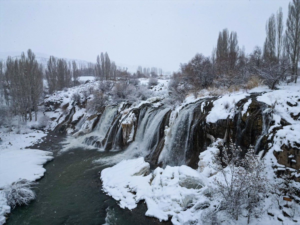 Van'da etkili olan kar yağışının ardından Muradiye Şelalesi'nin çevresi karla kaplandı.