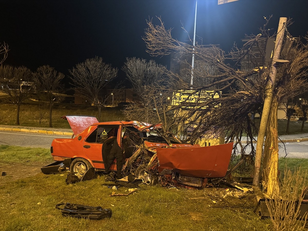 Erzurum'un Oltu ilçesinde refüje çıkarak ağaca çarpan otomobildeki 4 kişi yaralandı.