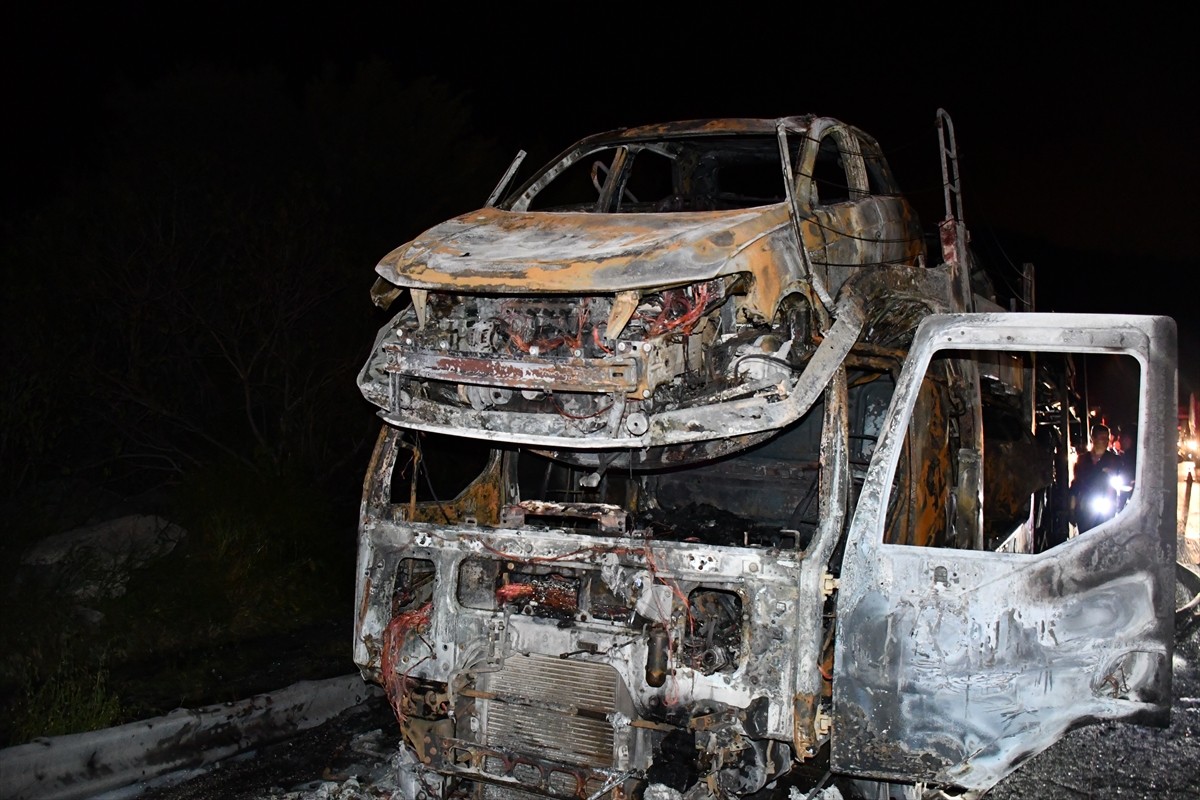 Bilecik'te, seyir halindeyken alev alan tır ve taşıdığı otomobiller kullanılamaz hale geldi.