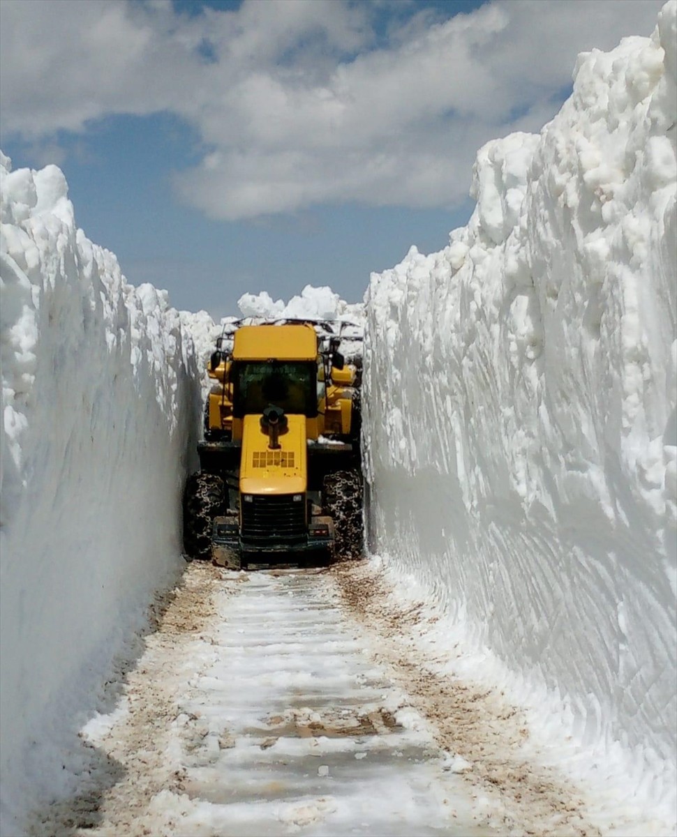 Trabzon'un Çaykara ilçesine bağlı Şekersu Yaylası yolunda iş makineleriyle karla mücadele...
