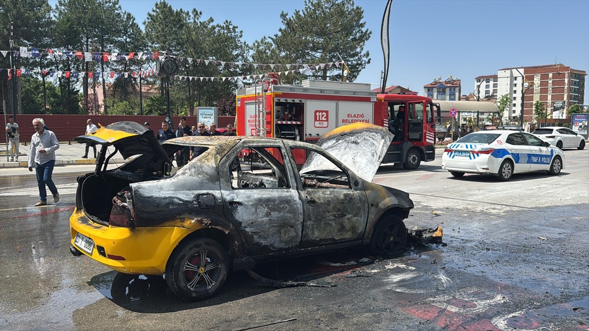 Elazığ'da durakta bekleyen taksinin alev alması sonucu sürücü yaralandı.