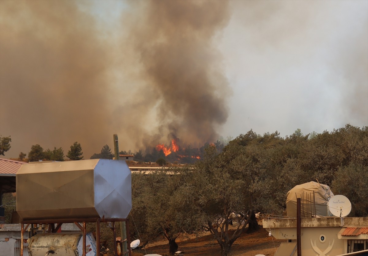 Hatay'ın merkez Antakya ilçesinde, yerleşim yerlerine yakın noktada çıkan orman yangınına havadan...