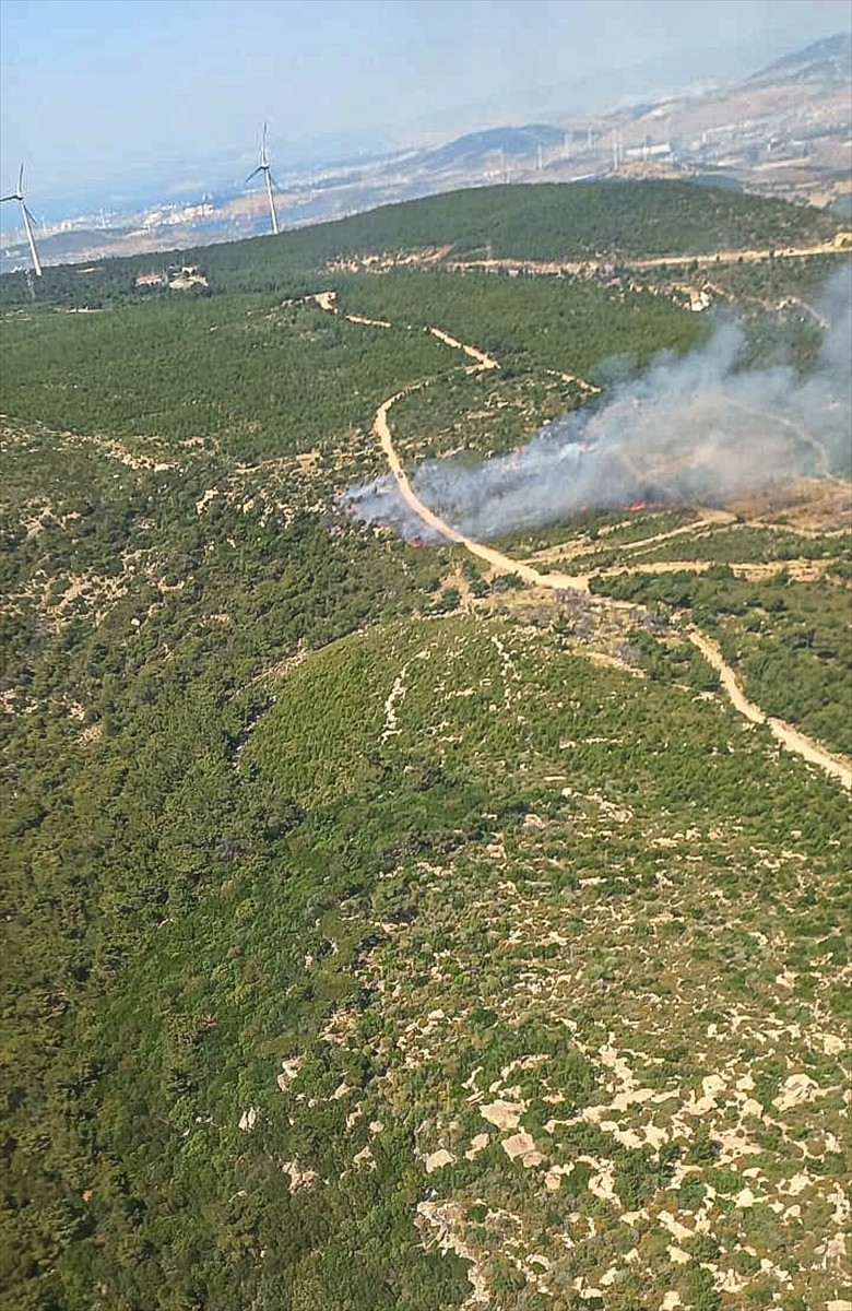 İzmir'in Foça ilçesindeki Gerenköy mevkisinde çıkan orman yangınına havadan ve karadan müdahale...