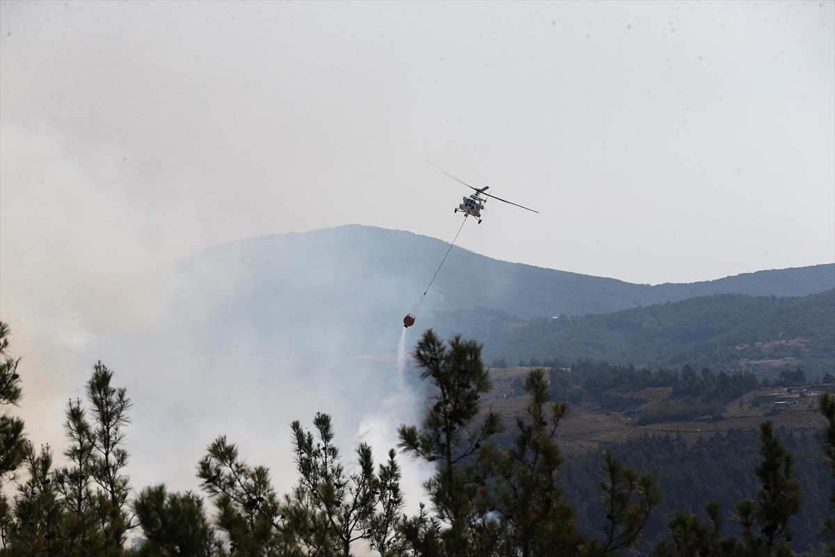 Bursa'nın Gürsu ile Kestel ilçeleri arasındaki ormanlık alanda çıkan yangına müdahale havadan ve...