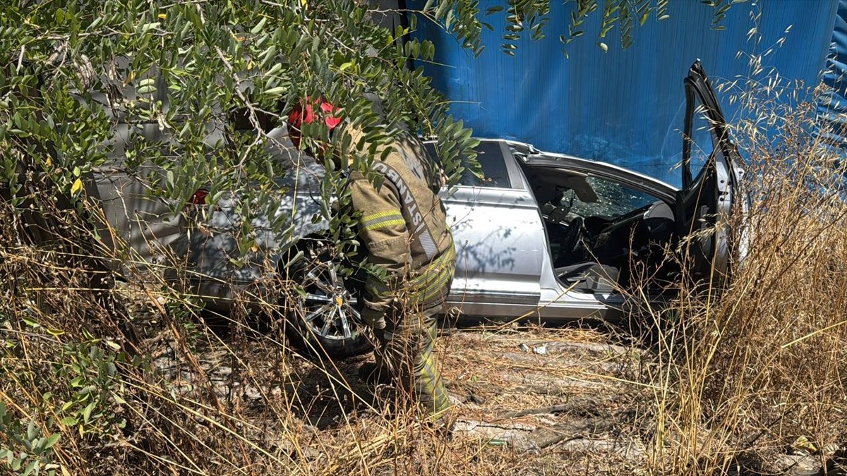 Sultanbeyli'de yol kenarındaki otluk alana devrilen otomobilin sürücüsü yaralandı.
