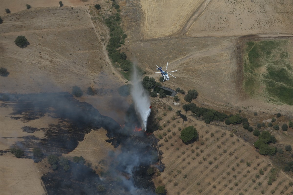 Çanakkale'nin Ayvacık ilçesinde zirai alanda çıkan yangına havadan ve karadan müdahale ediliyor....